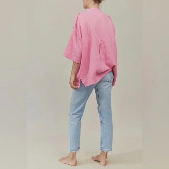 Acacia Swimwear Van Shirt in Sweet Pea Pink Gauze Organic Cotton Button Down - Picture 2 of 12